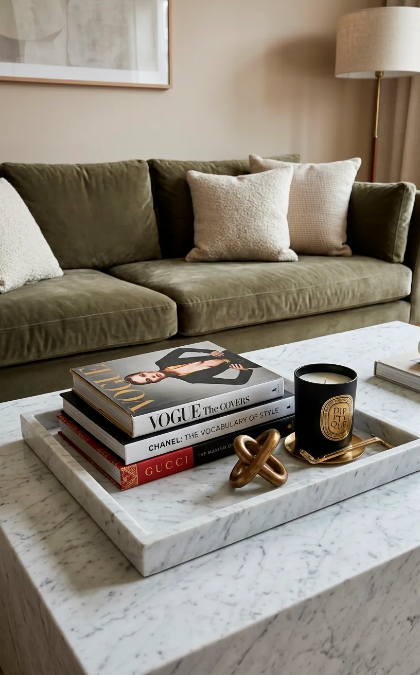 Professionally styled marble coffee table with books, candle, and brass sculpture.
