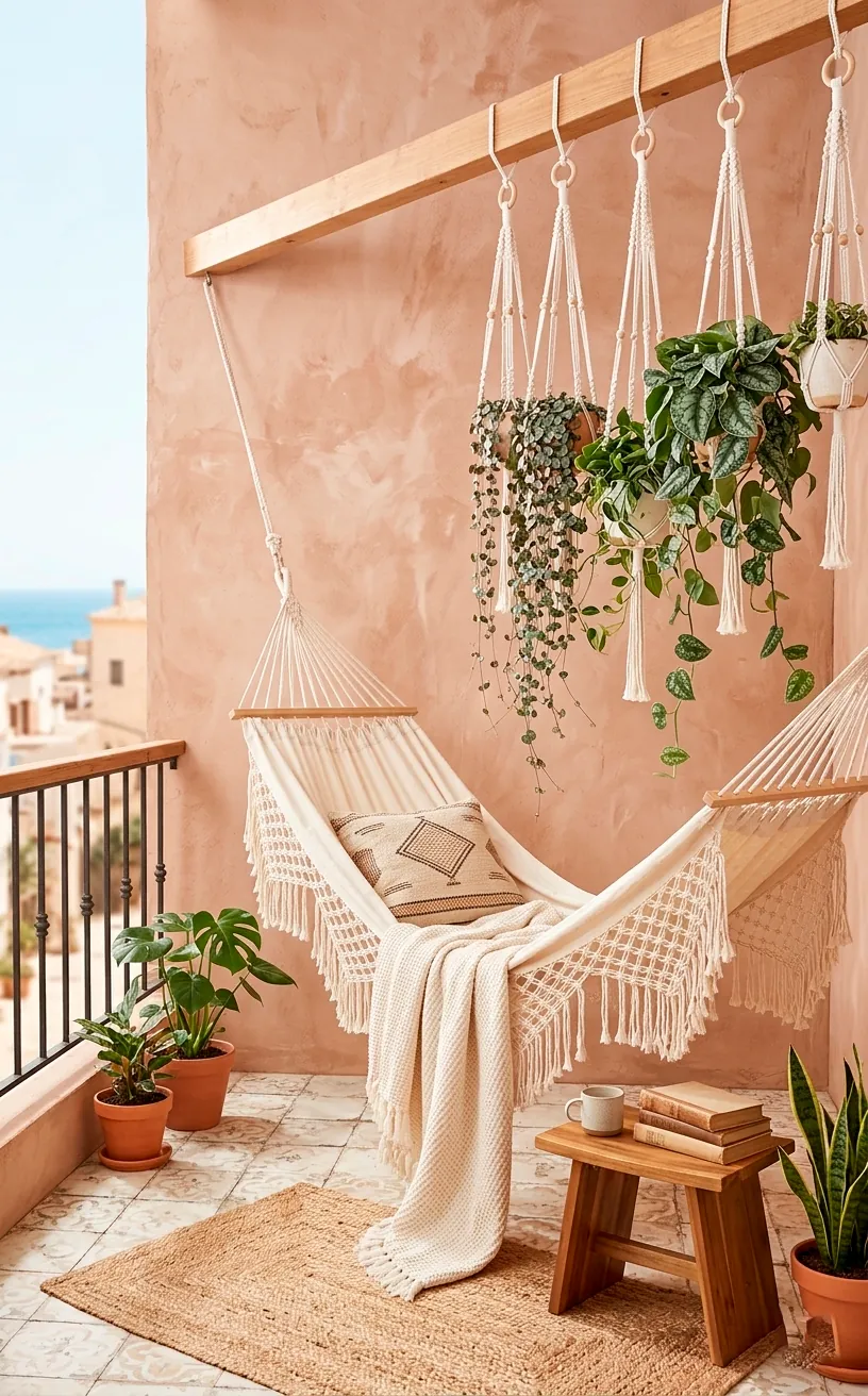 Minimalist boho balcony with clay-colored walls and cream cotton decor.