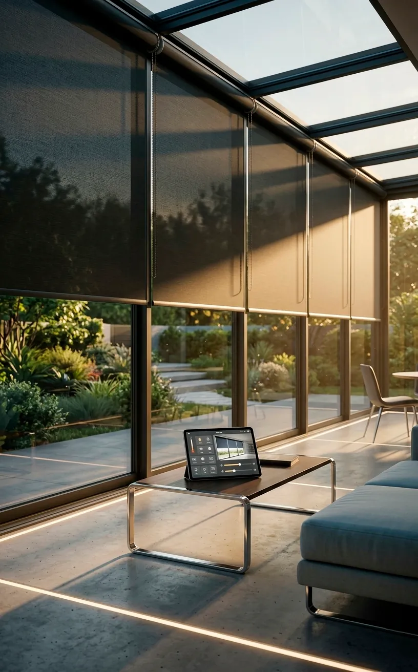 Smart sunroom with motorized blinds controlled by a tablet interface in a modern setting.