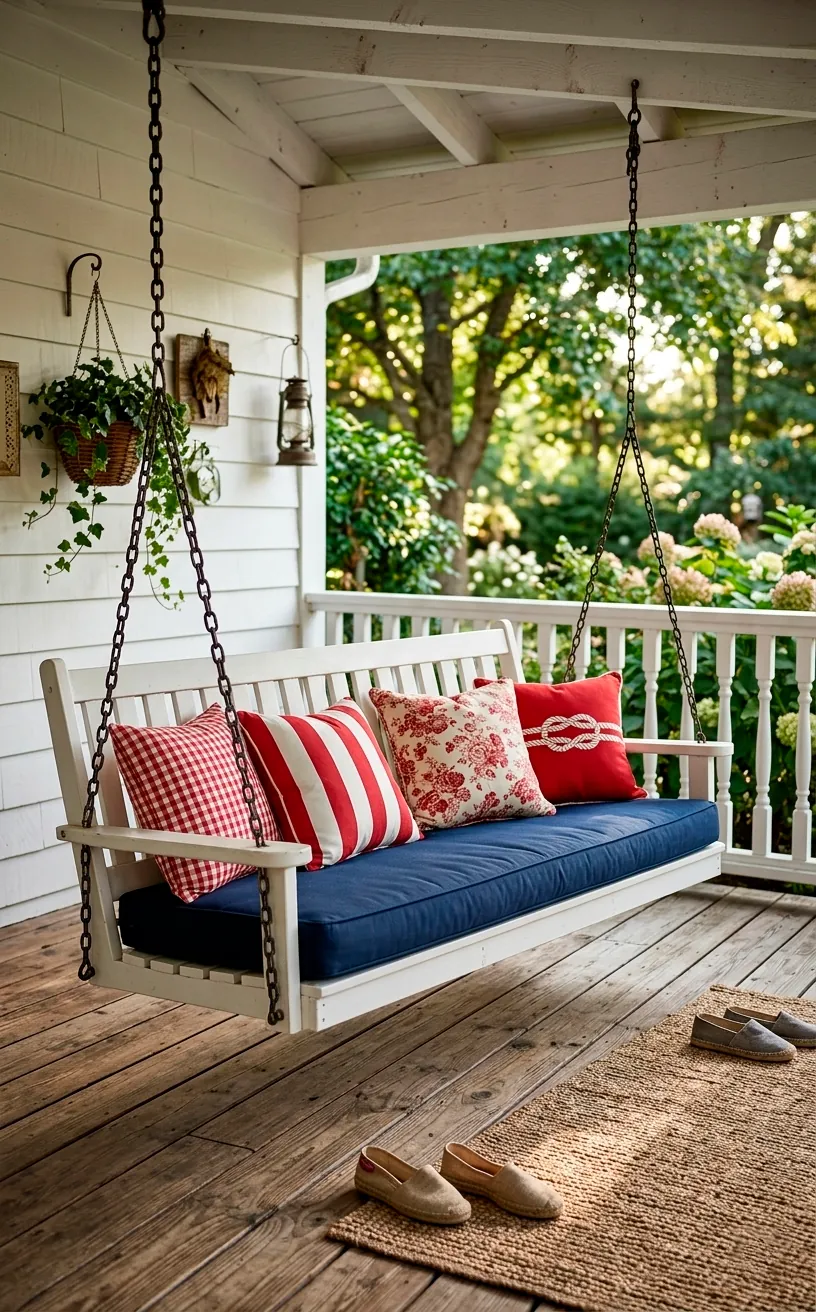 White wooden porch swing with navy cushions and patriotic accent pillows.