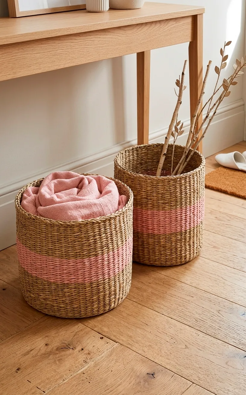 Woven seagrass storage baskets with pink accents under an entryway table.