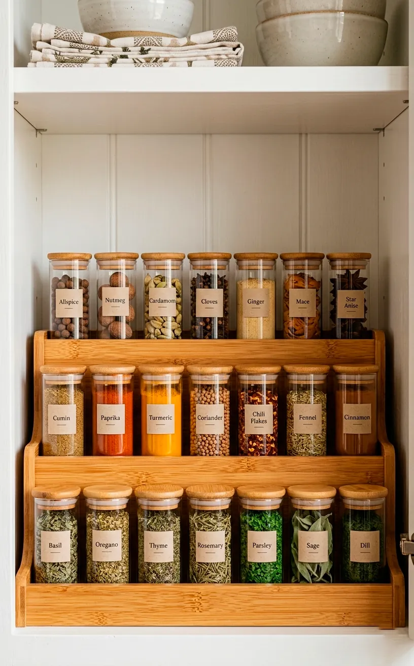 Three-tiered bamboo spice riser with glass jars in a white cabinet.