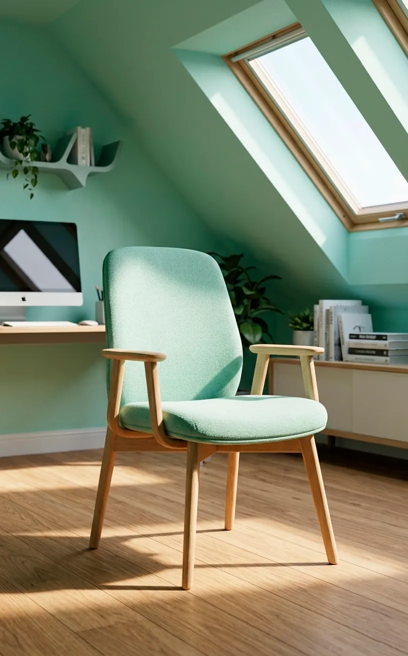 Mint green ergonomic office chair with oak legs in a bright attic office.