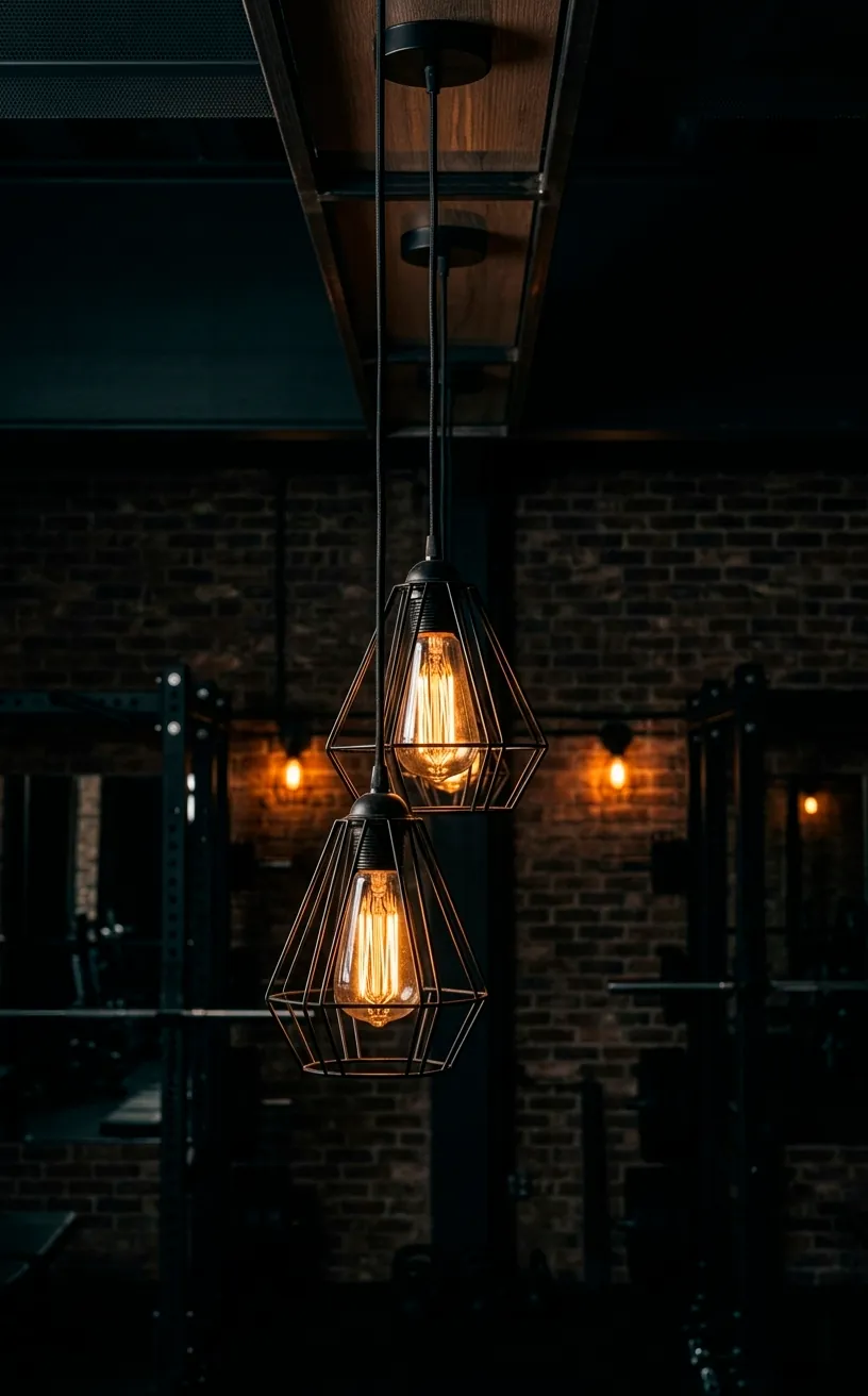 Industrial pendant lights with Edison bulbs and black metal cages.
