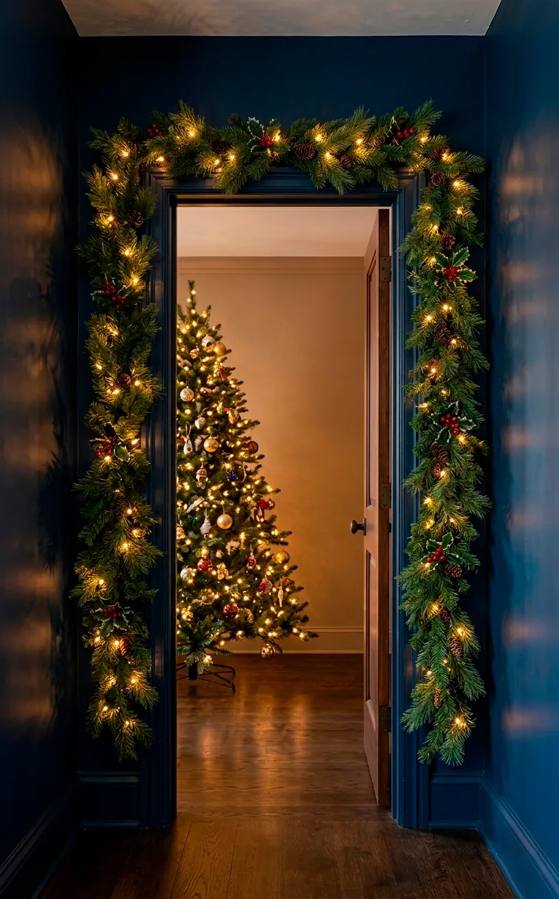 Interior doorway framed with dark green garland and gold fairy lights.