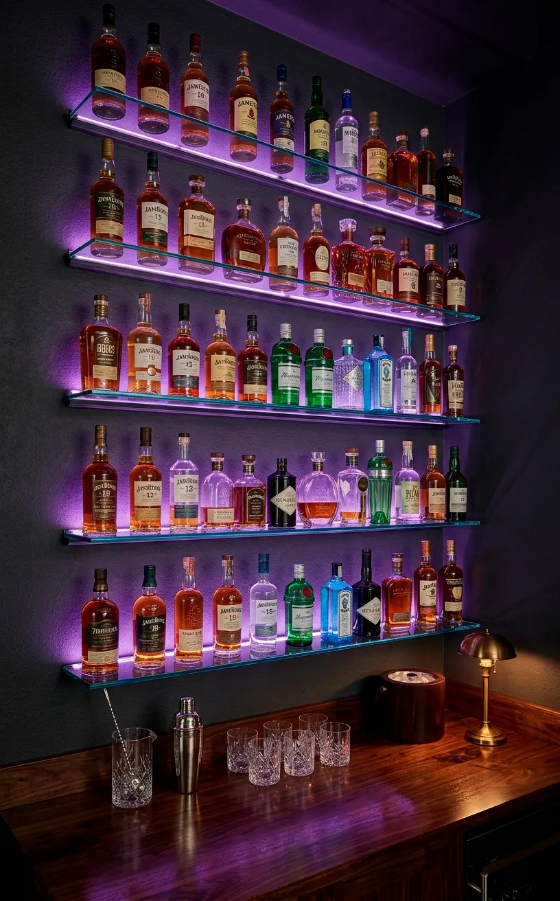 Home bar shelves illuminated with purple LED backlighting for a moody vibe.