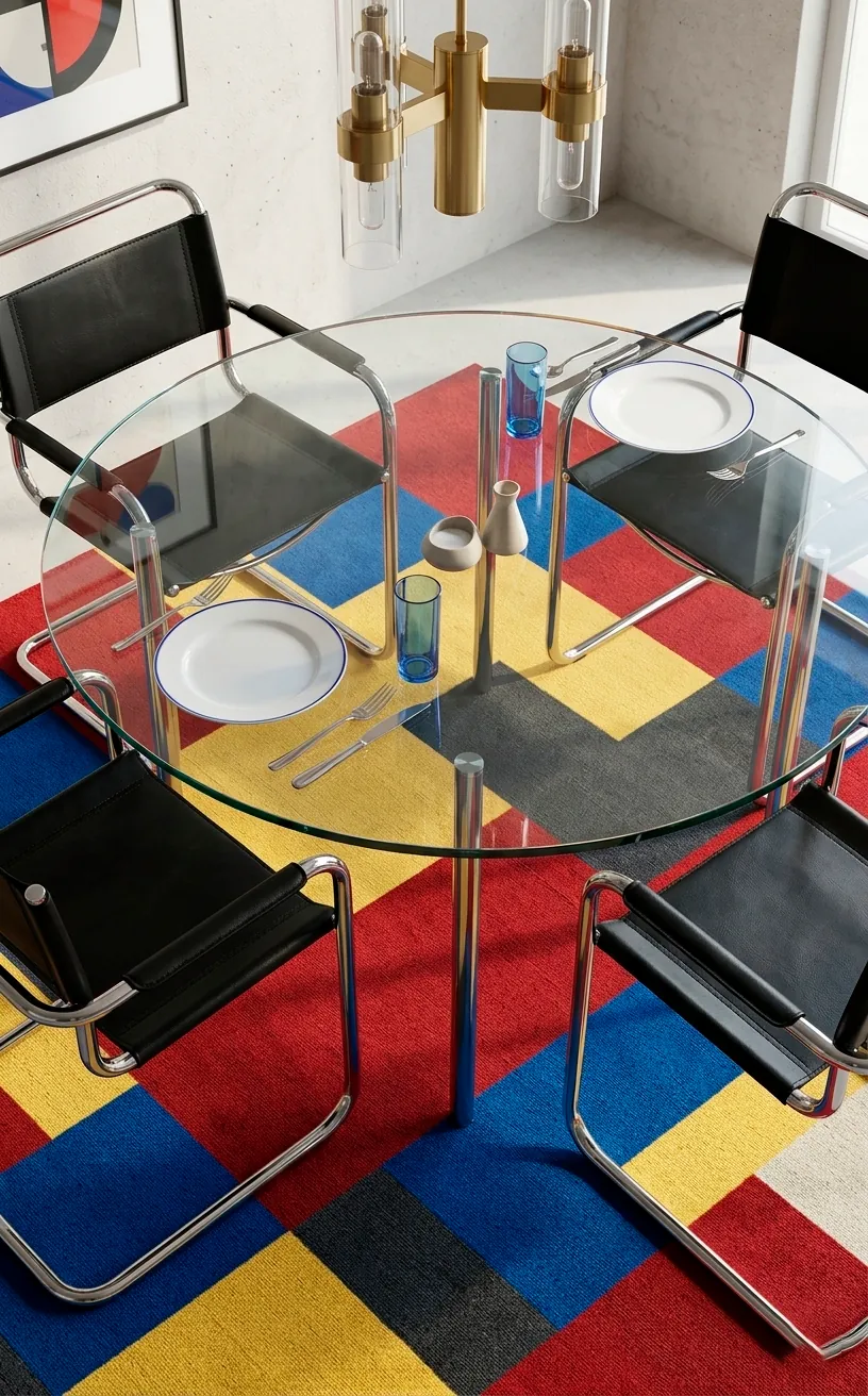 Bauhaus style rug with primary color geometric blocks under a glass dining table.