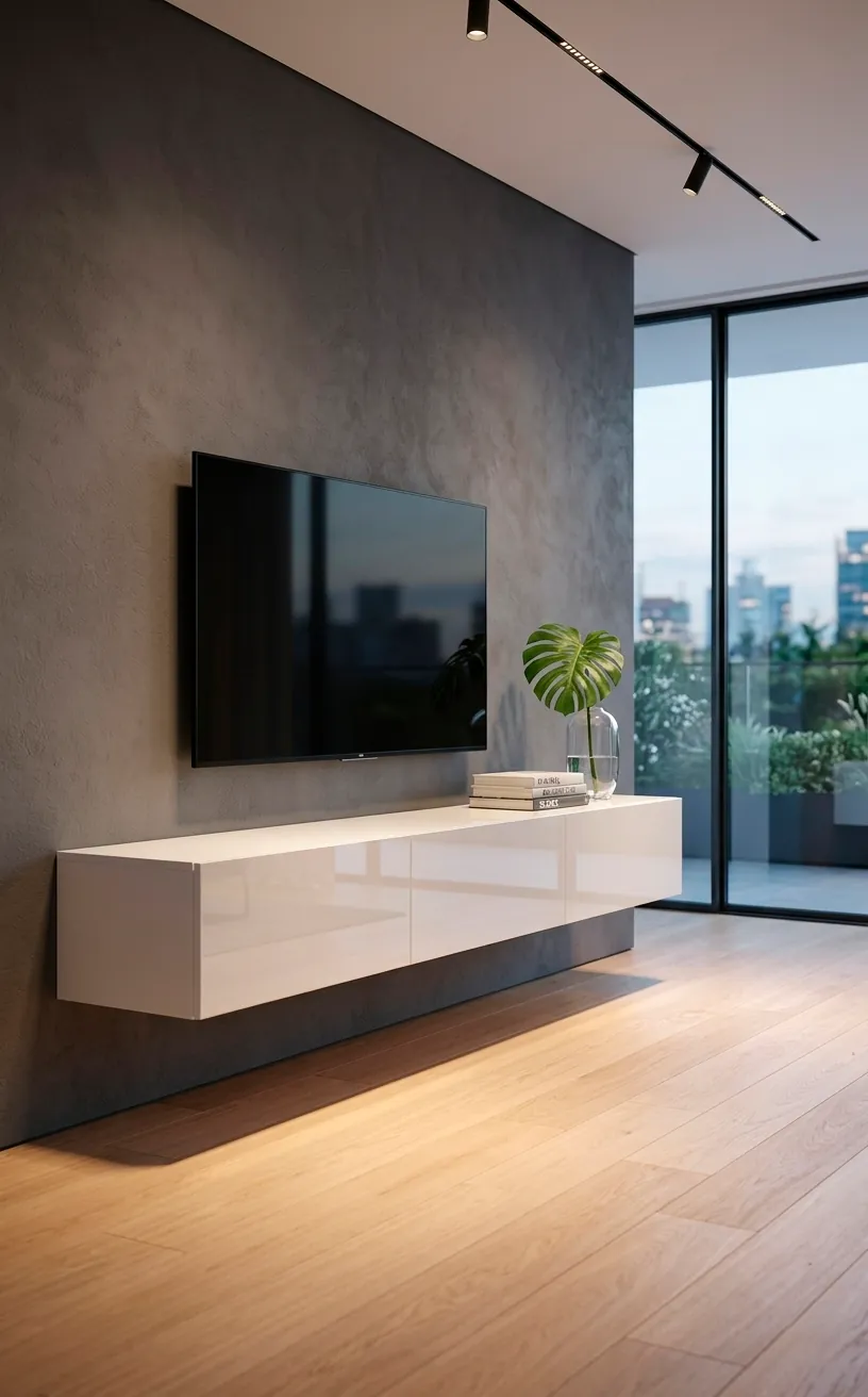 Sleek high-gloss white floating TV console mounted on a charcoal grey wall in a modern room.