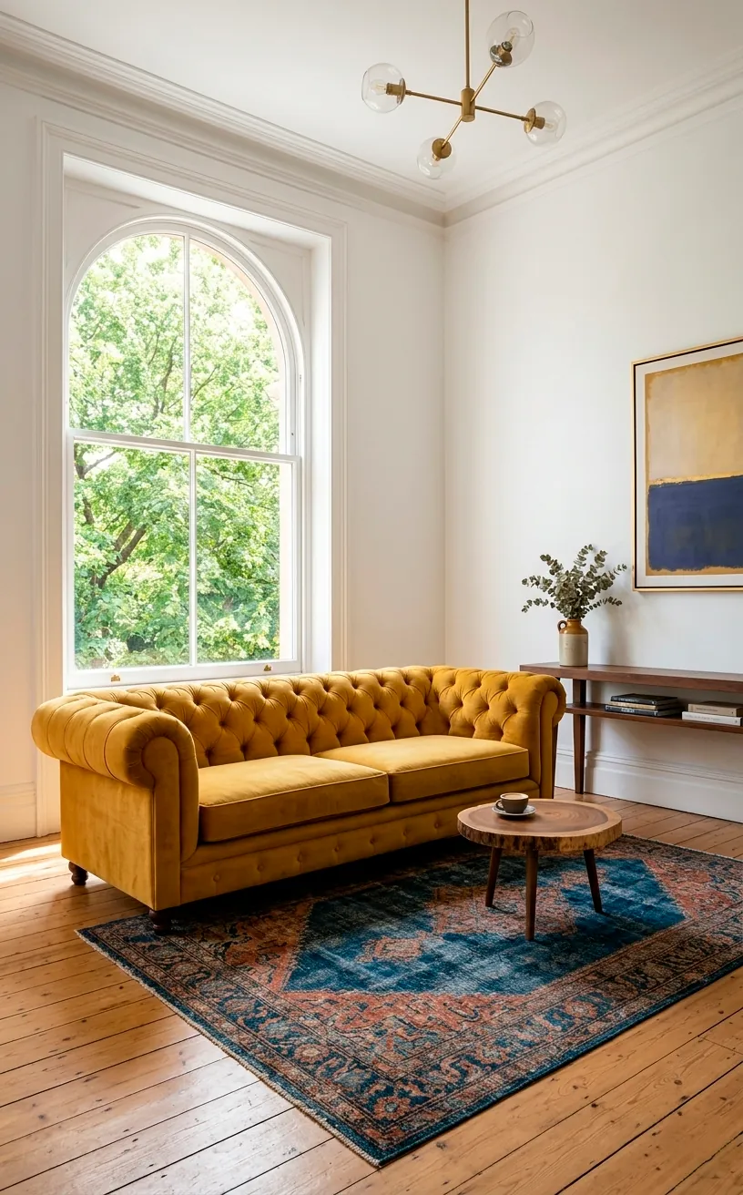 High-end living room featuring a bold mustard yellow velvet sofa and natural sunlight.