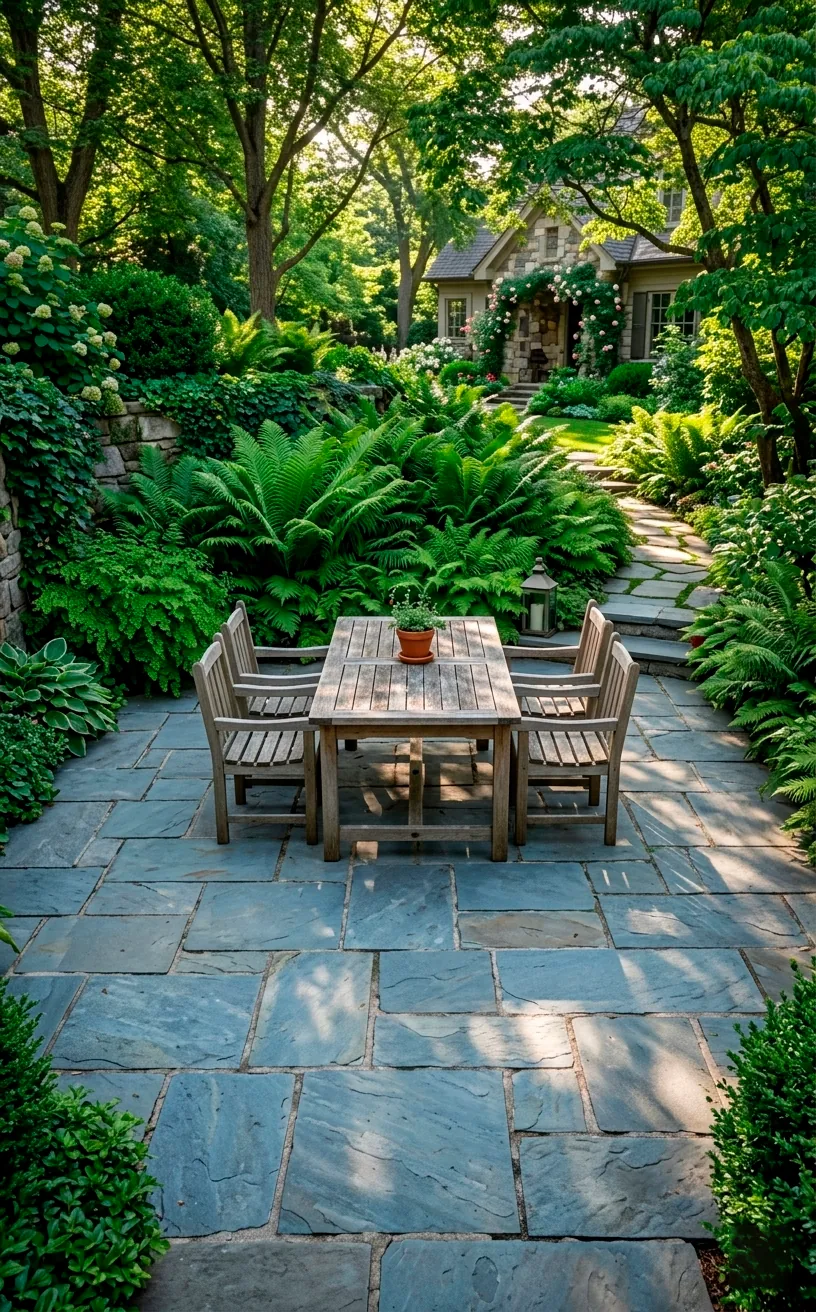 Beautiful irregular blue flagstone patio surrounded by lush green garden plants.