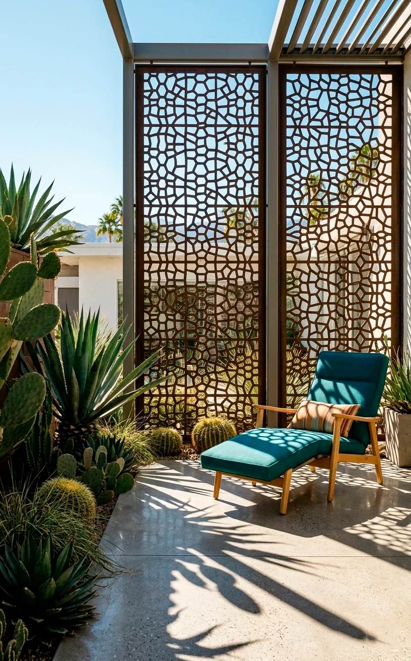 White breeze block wall in a mid-century backyard with geometric shadow patterns on concrete.