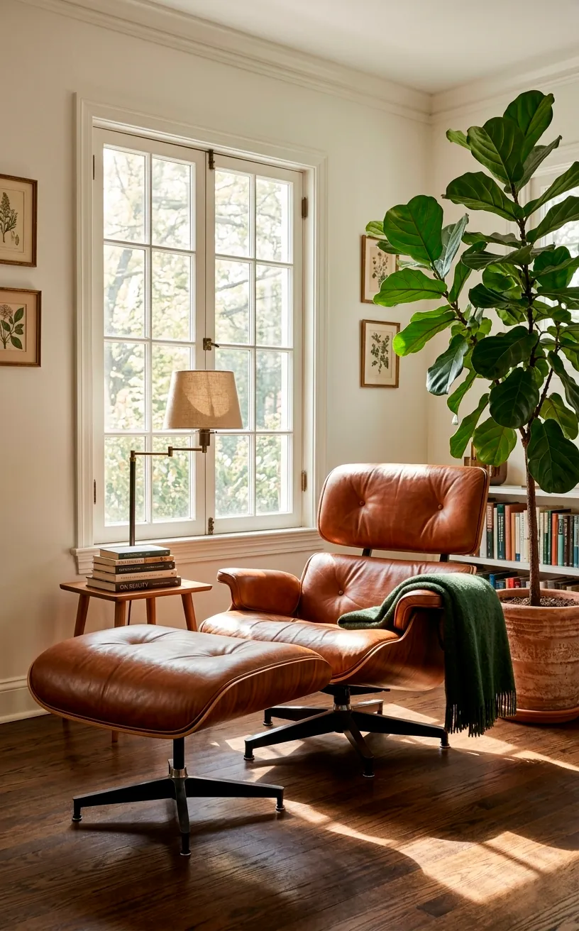 Authentic vintage Eames Lounge Chair in cognac leather sitting in a sunlit modern reading nook.