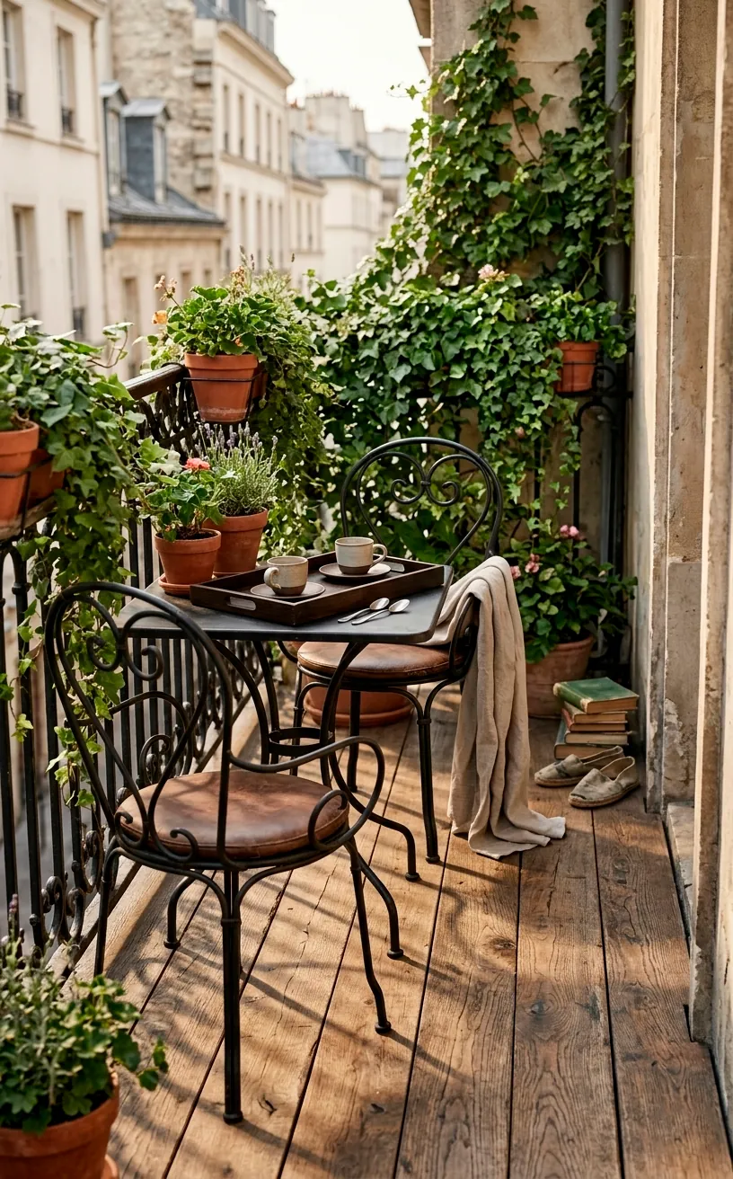 Vintage wrought iron bistro set on a small balcony with lush ivy.