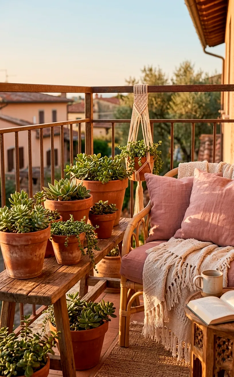 Boho balcony hero shot featuring terracotta pots and dusty rose textiles in golden light.