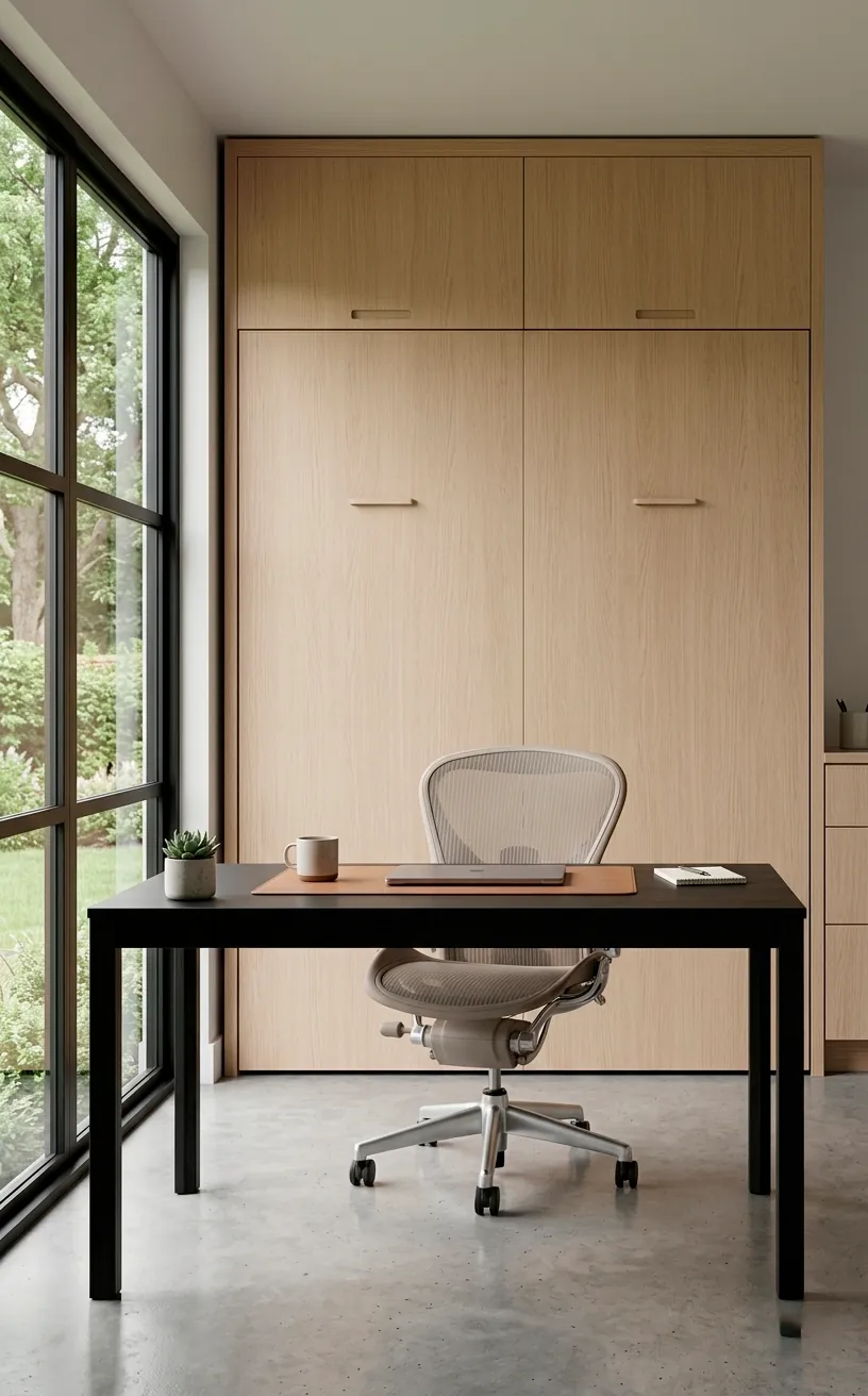 Sleek white oak Murphy bed cabinet in a modern home office setup.