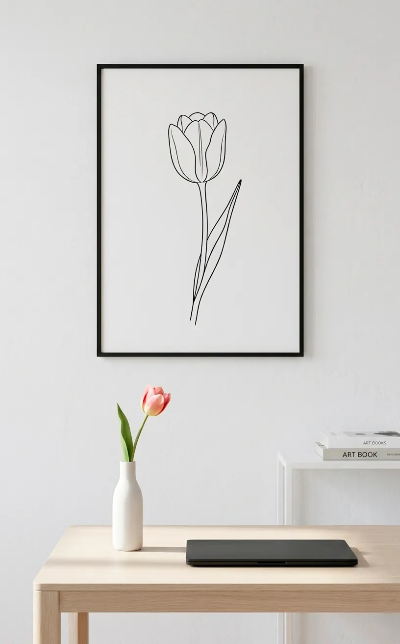 Minimalist black line art tulip print in a black frame above a modern office desk.