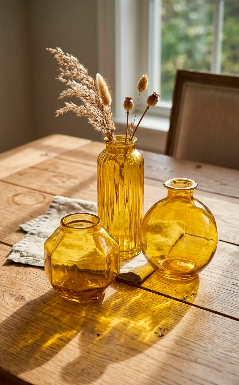 Set of three mustard yellow glass vases on a wooden dining table with sunlight.