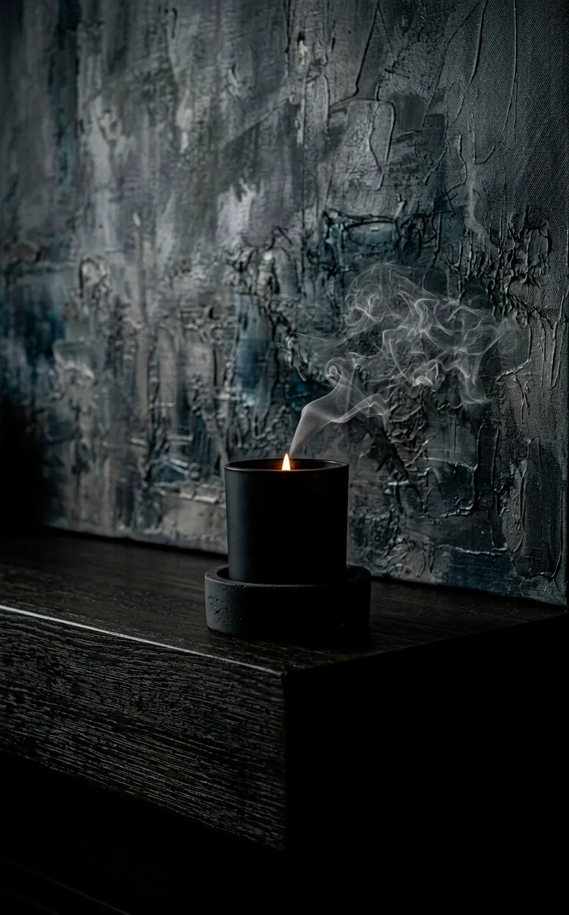 Detail of gray textured art and a black candle on a dark mantel.