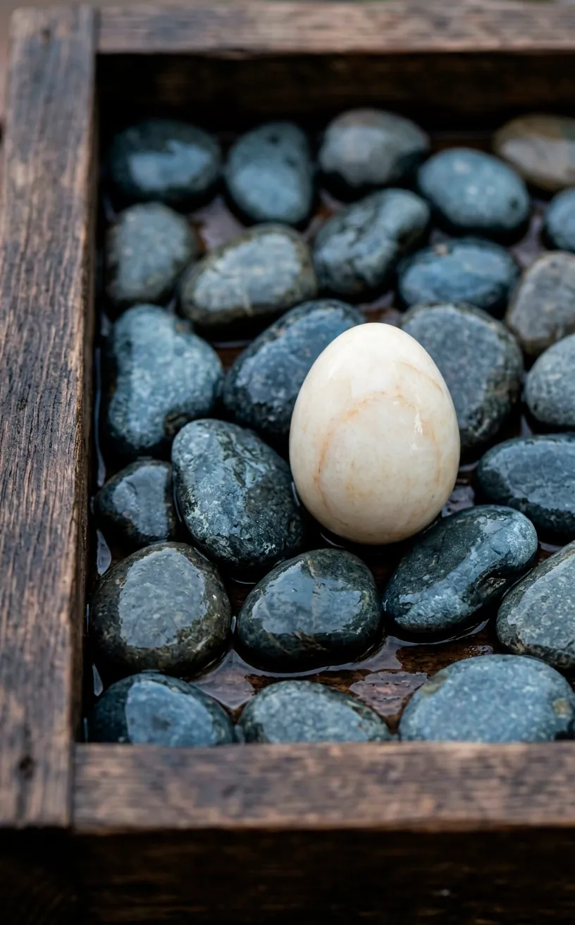 Close-up of river stones and a stone egg on a wooden tray, tactile minimalist decor.