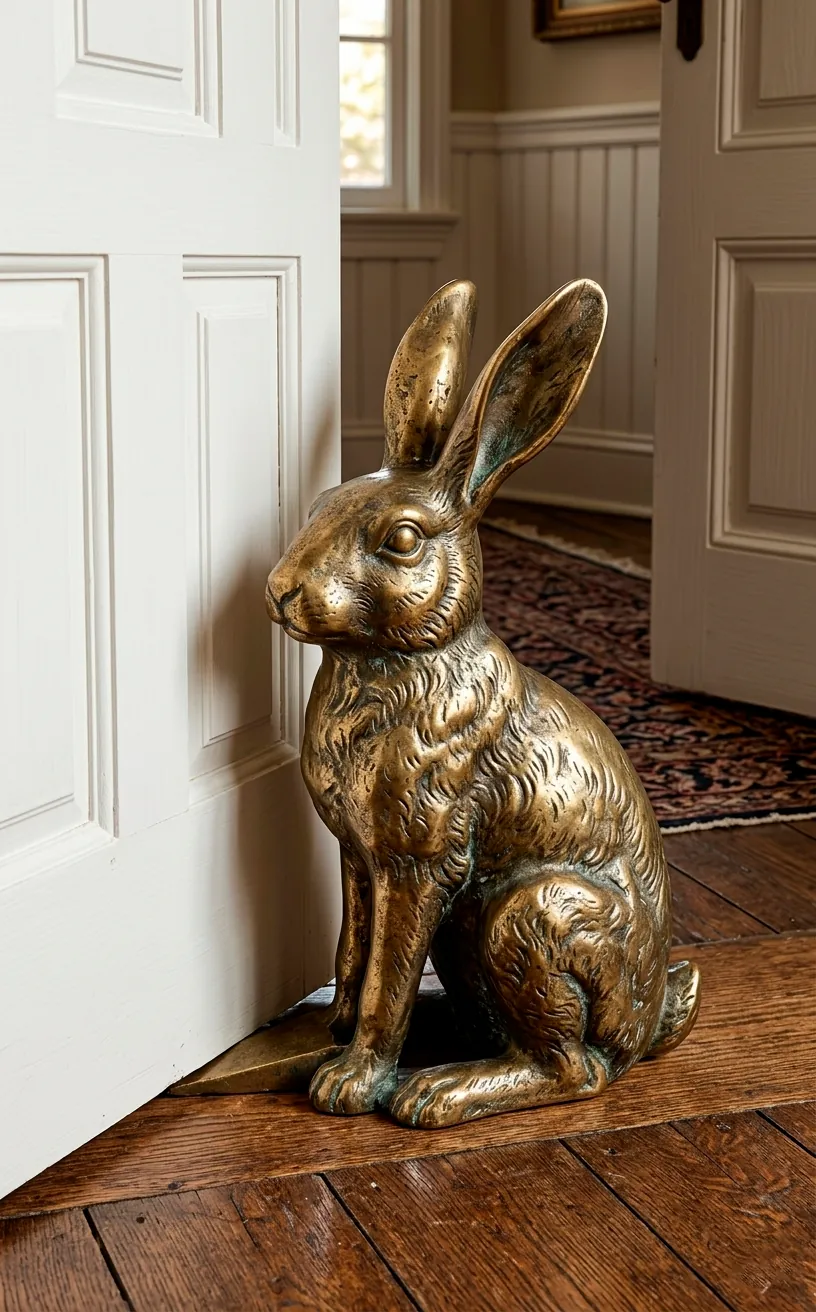 Solid brass rabbit doorstop propping open a white interior door.