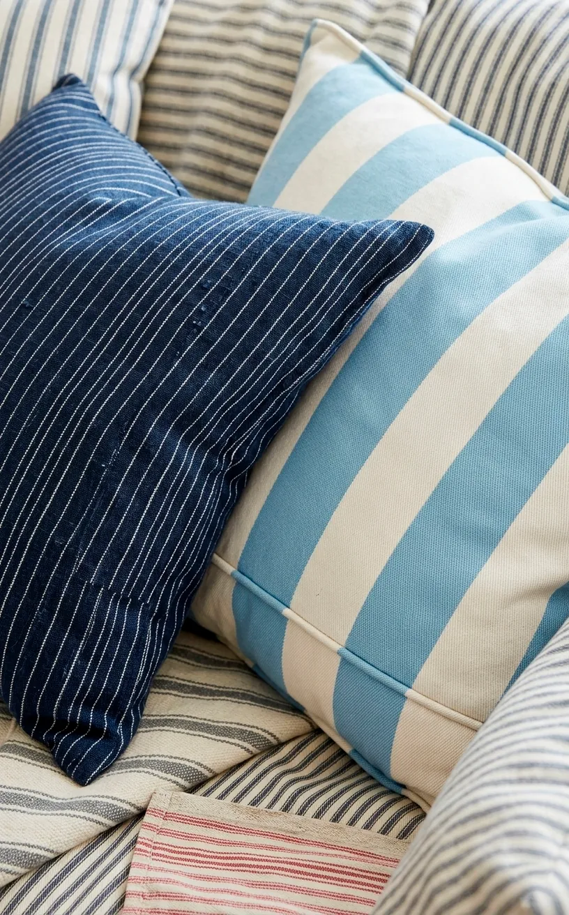 Close up of various blue and white striped throw pillows.