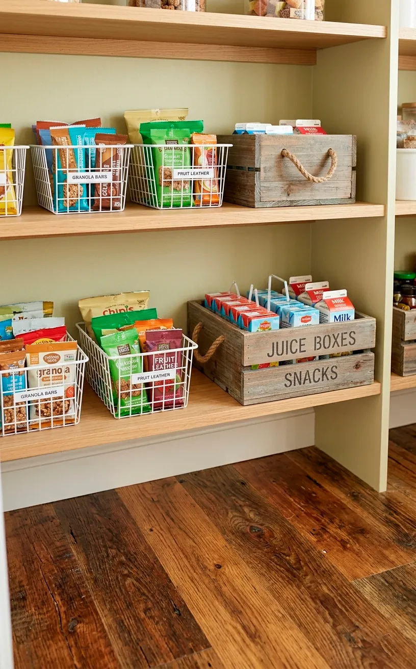 Low-level pantry shelf organized as a kid-friendly snack zone with wire baskets.
