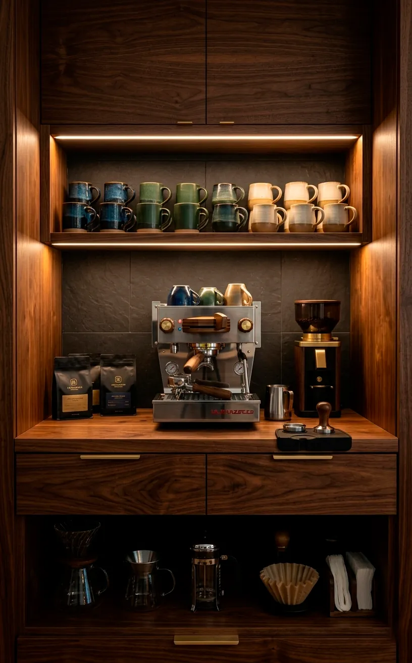 Sophisticated dark walnut coffee bar station with an espresso machine and warm lighting.