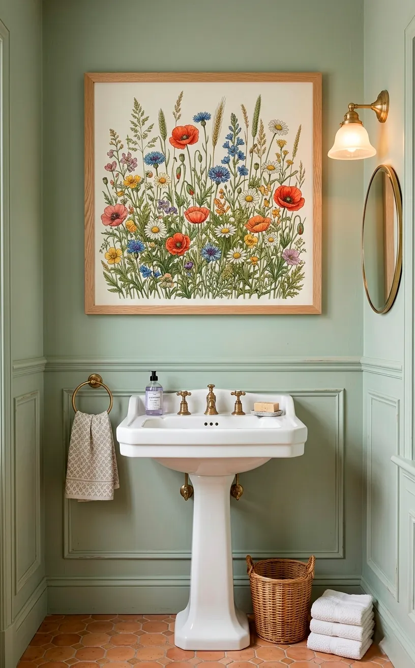 Wildflower meadow illustration in an oak frame on a sage green wall.