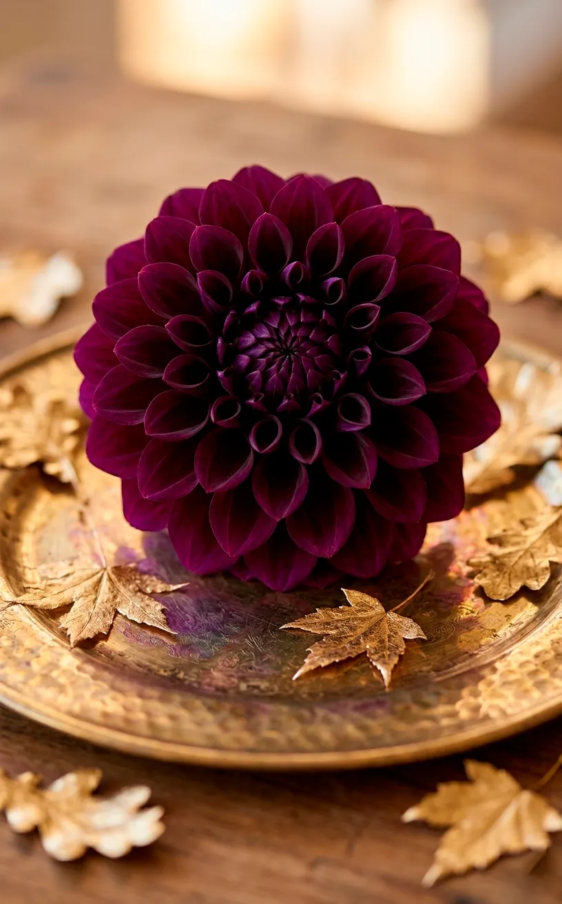 Macro shot of a plum dahlia bloom and gold-dipped leaves.