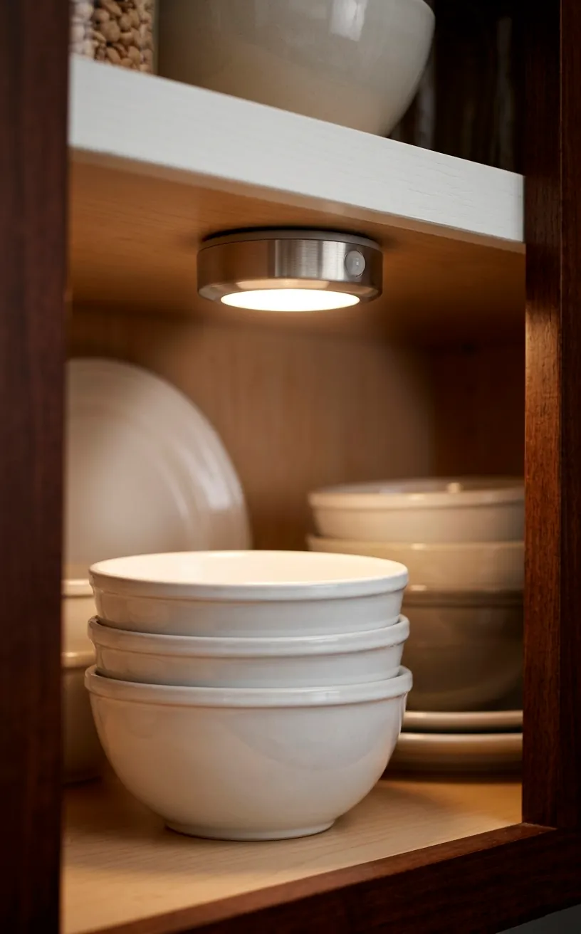 Motion-sensor LED puck light installed under a pantry shelf.