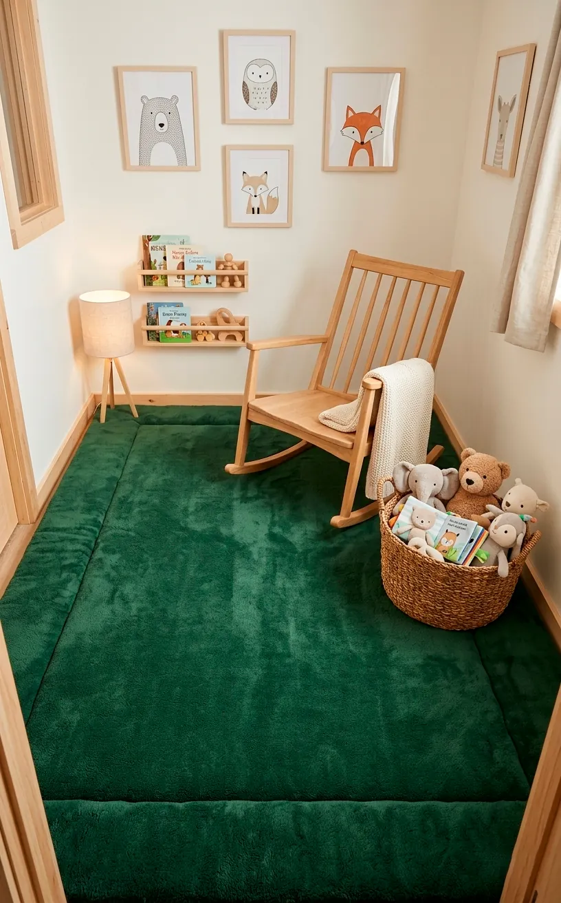 Cozy nursery with a thick padded forest green memory foam rug.