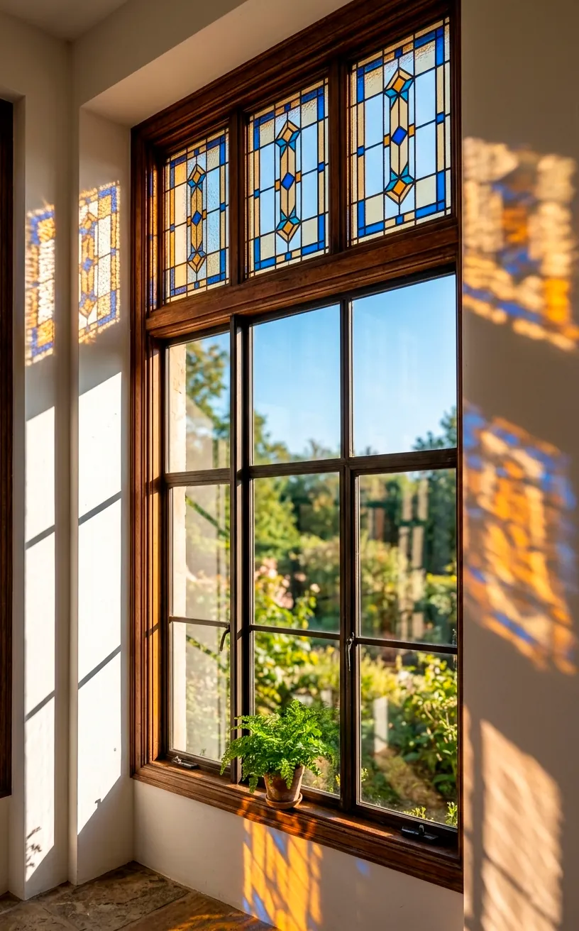 Geometric stained glass transom windows in a sunny Victorian conservatory.