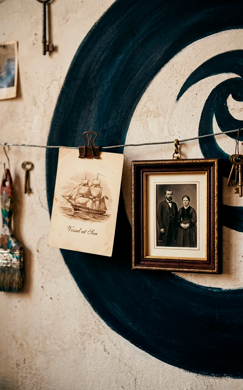 Close-up of a postcard and a framed photo in an organic gallery arrangement.