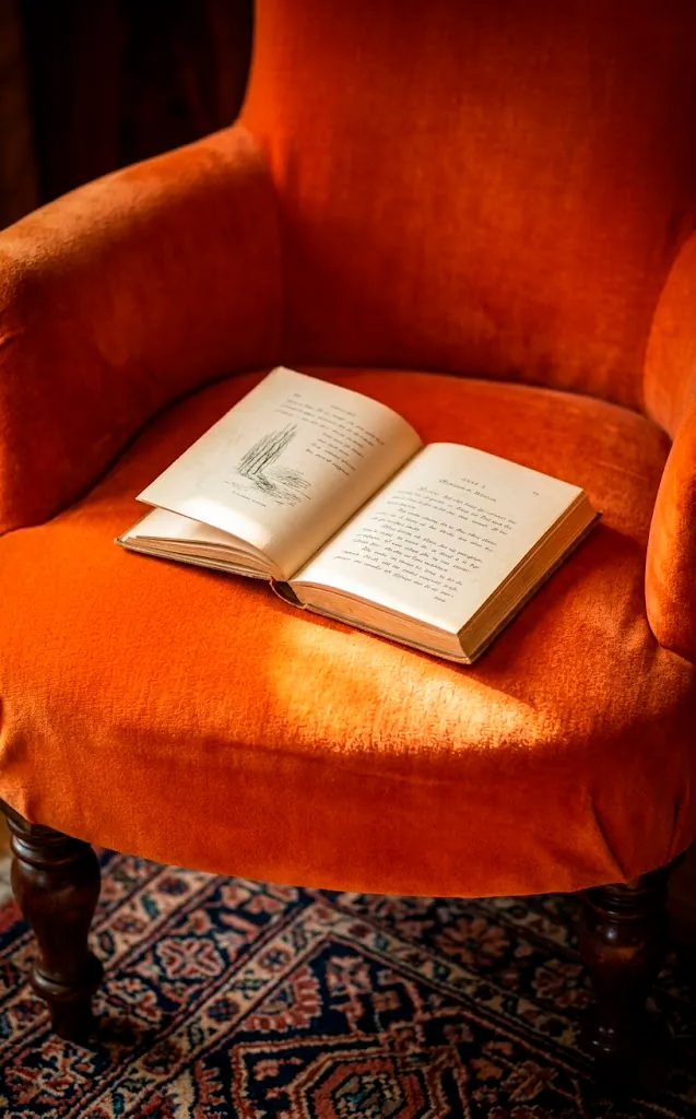 Open book resting on a plush burnt orange velvet chair seat.