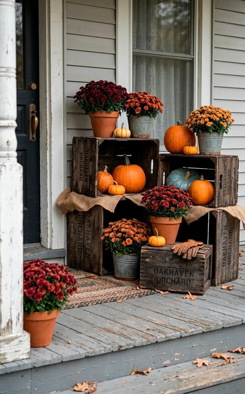 Vintage wooden crates used as pumpkin stands on a porch.