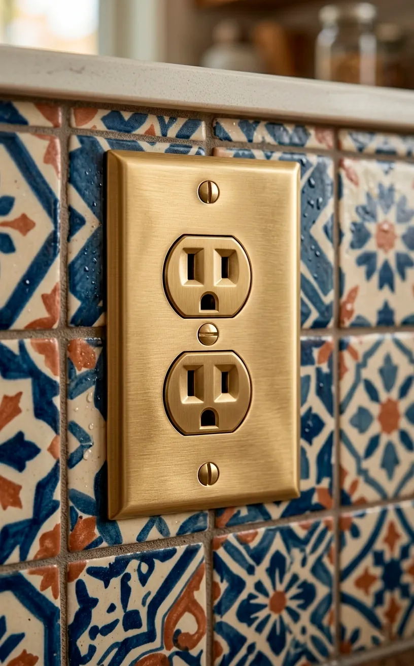 Detail of a solid brass electrical outlet cover against a white kitchen tile backsplash.
