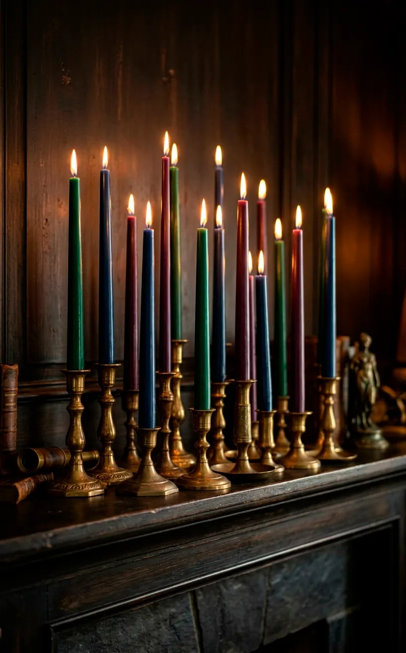 Jewel-toned taper candles in brass holders glowing on a dark mantel for a moody holiday vibe.