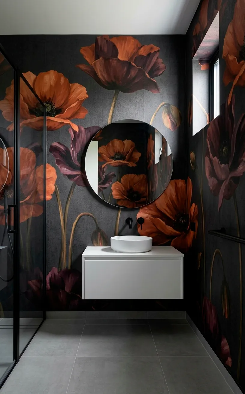 Oversized poppy wallpaper in a bold bathroom with minimalist furniture.