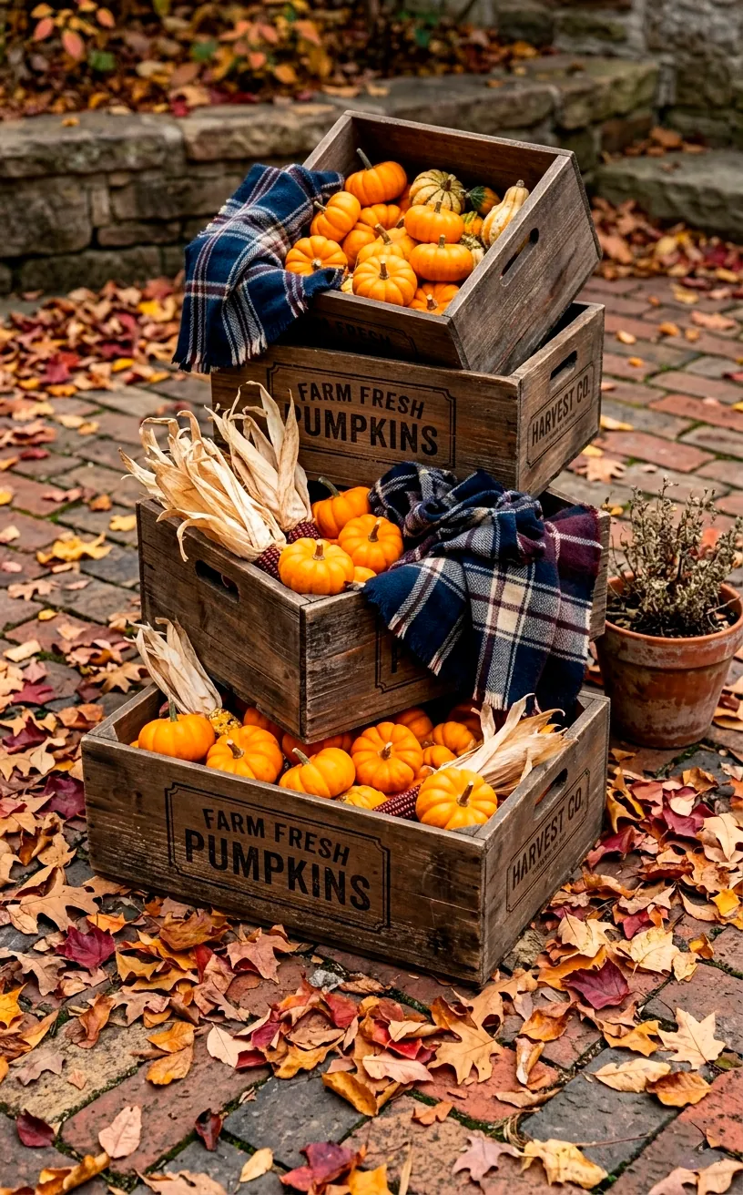 Wooden crates filled with mini pumpkins and plaid fabric on a brick patio.