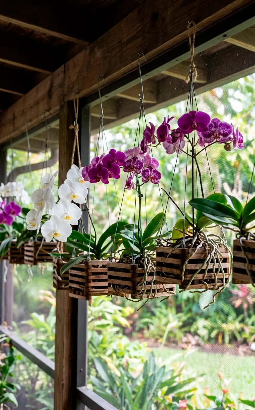 Blooming orchids in wooden baskets on a screened porch.
