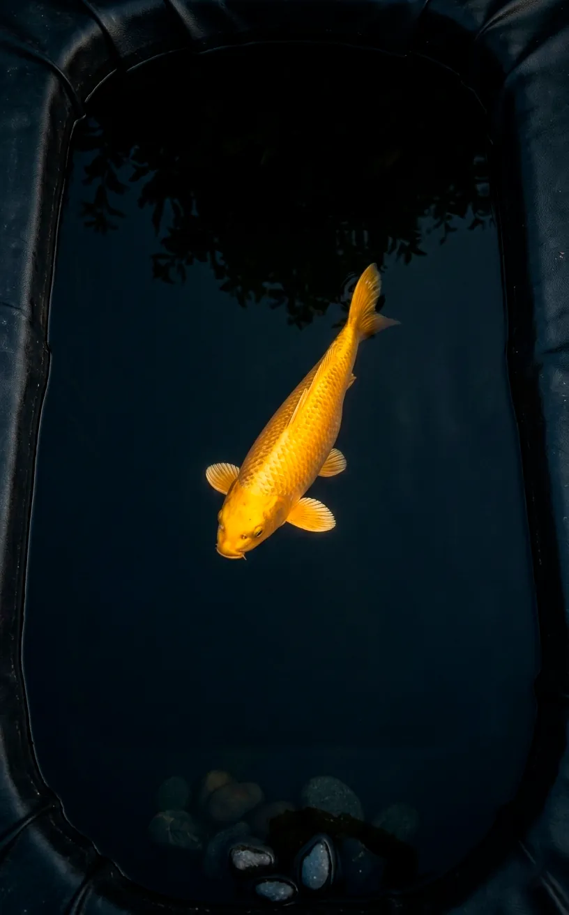 Gold koi fish swimming in a pond with a dark black liner for high contrast.