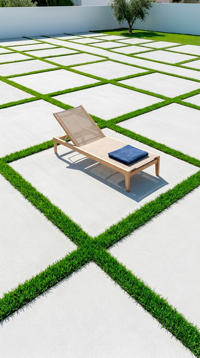Concrete slab patio with grass inlays and a modern sun lounger.