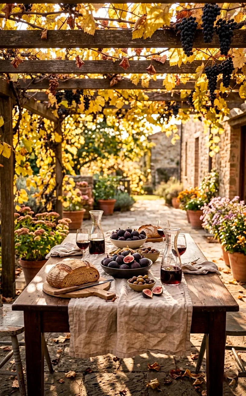 Mediterranean patio table set for an autumn harvest meal with figs and wine.