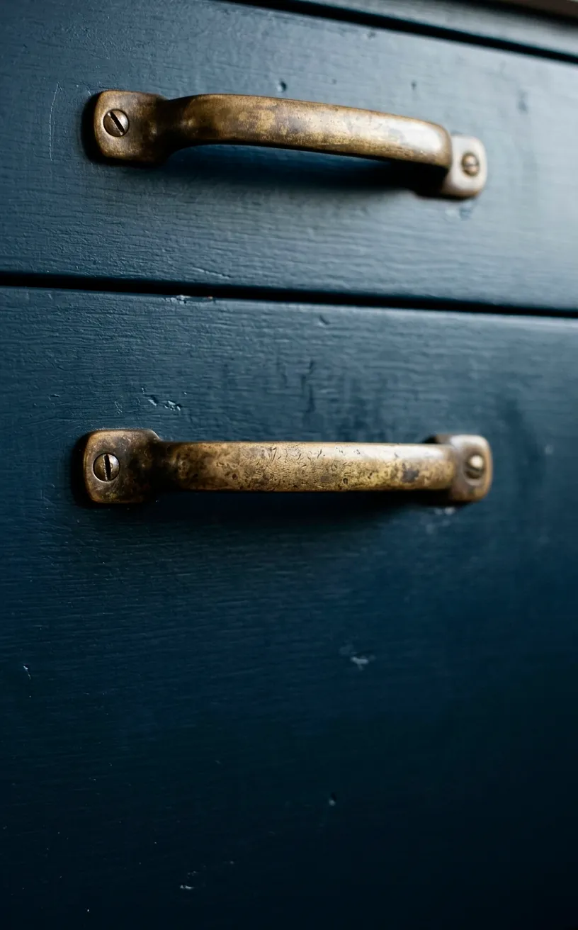 Detailed view of aged brass cabinet handles on a dark navy drawer.