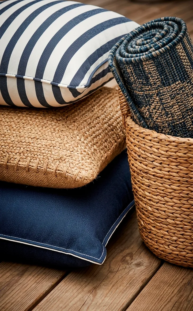Stack of textured outdoor pillows and a rolled rug in a woven basket.