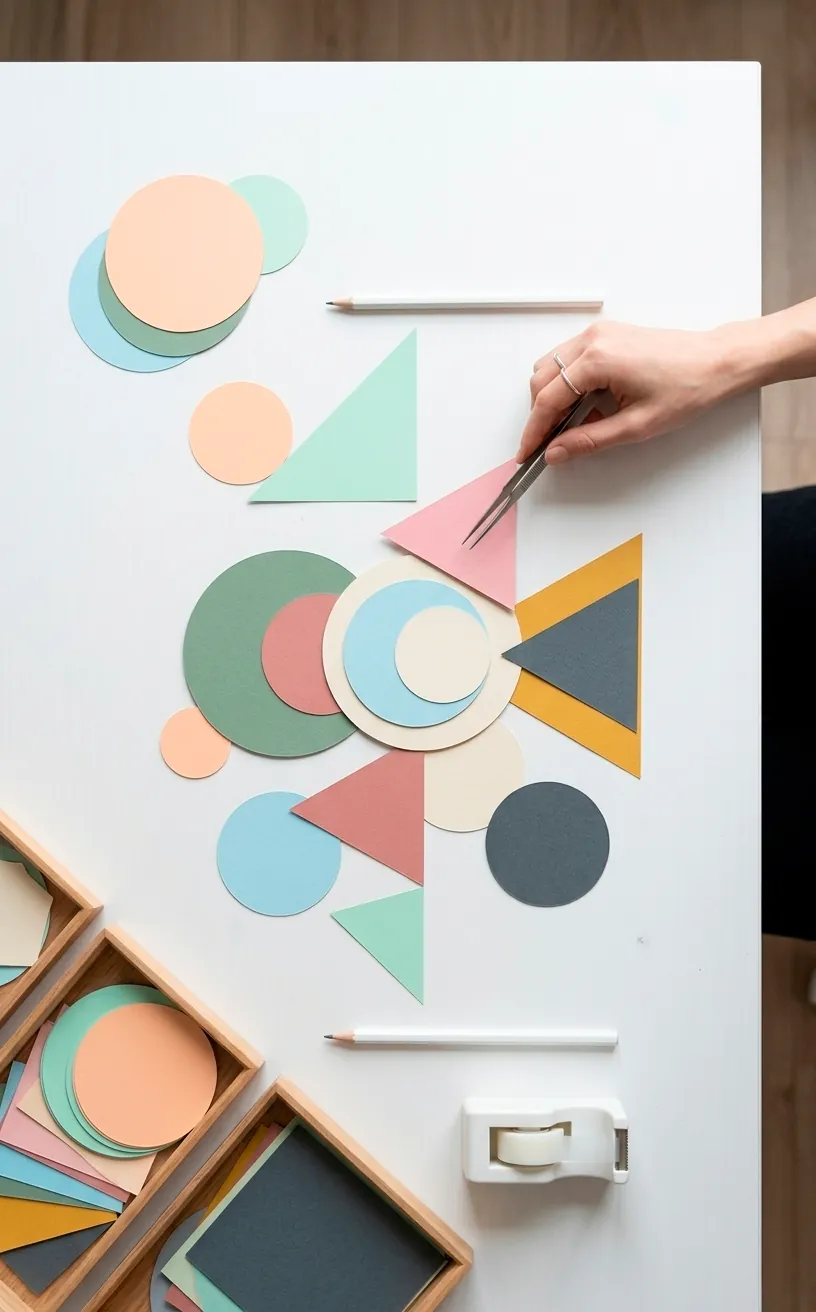 Arranging colored paper shapes to create a minimalist geometric family portrait.