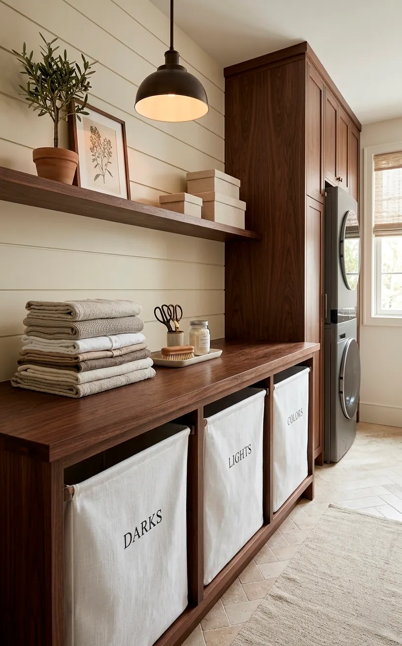 Laundry sorting station with a walnut wood top and three white bins.