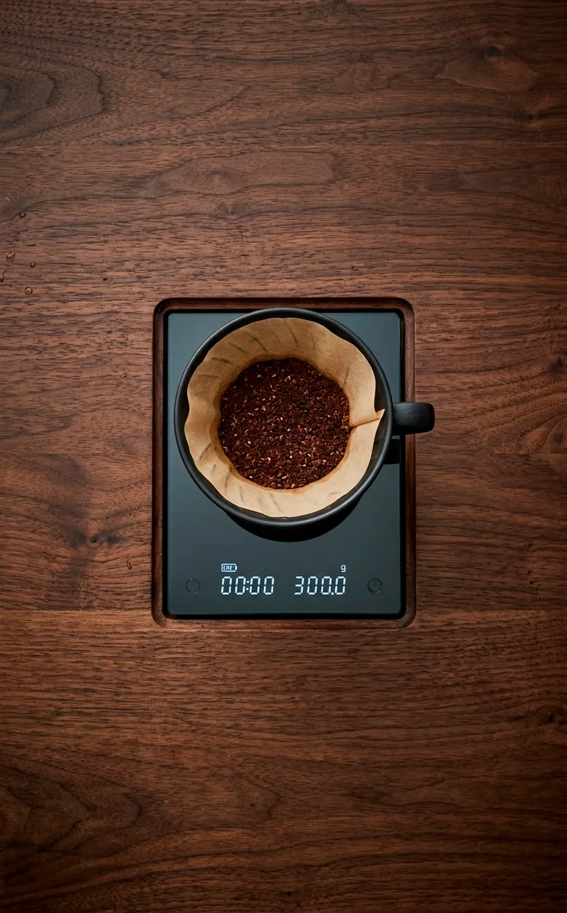 Dark walnut coffee bar with a flush-mounted integrated digital scale.