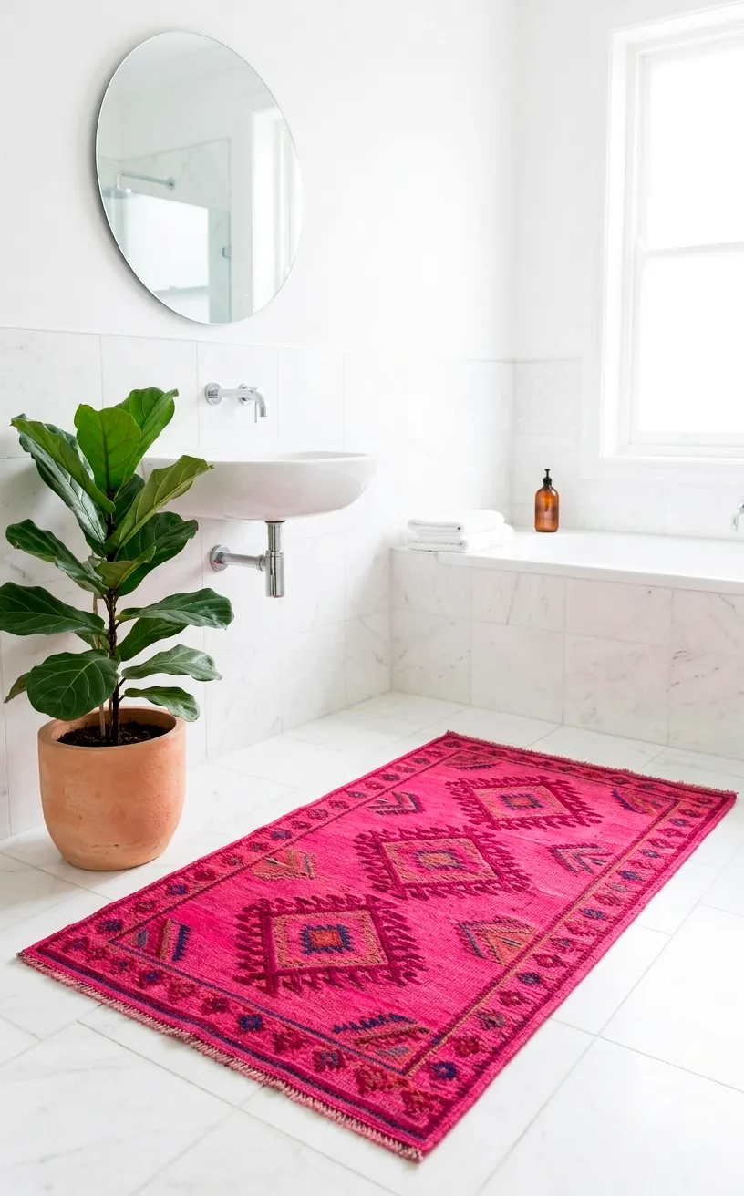 Vibrant fuchsia pink kilim rug in a bright white minimalist bathroom for a pop of color.