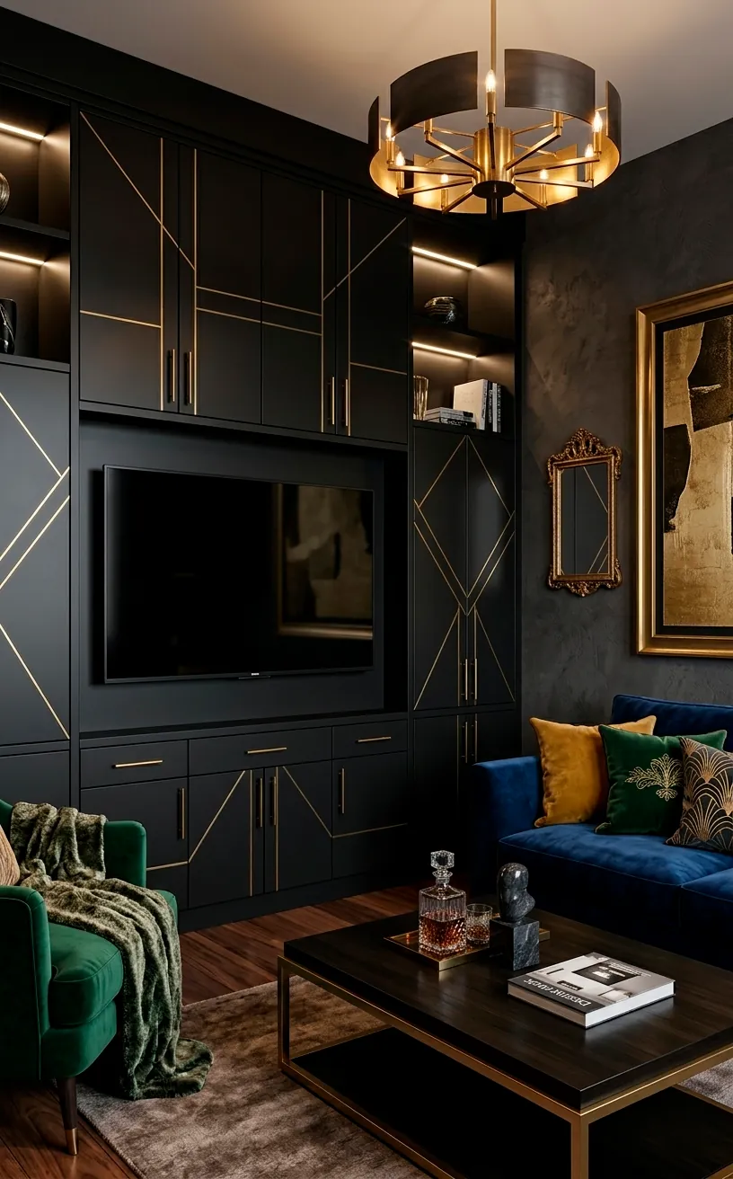 Matte black TV wall unit with elegant brushed gold accents and hardware.